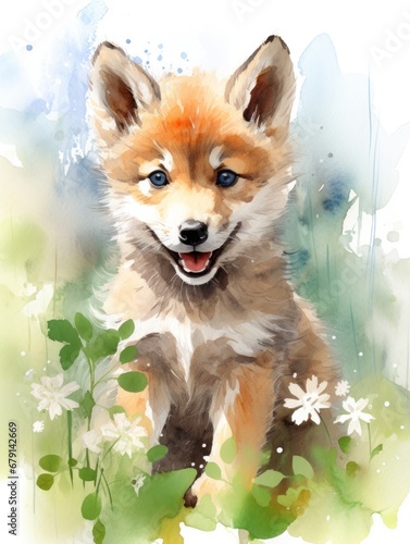 Watercolor drawing of a cute wolf cub sitting on the grass with white daisies