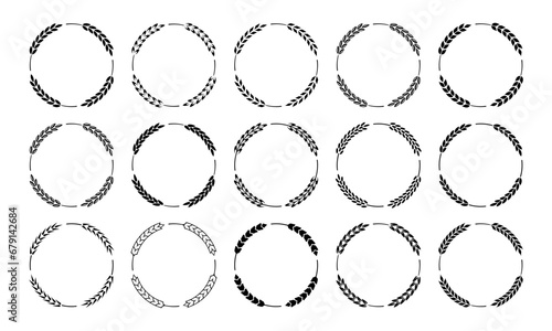 Wheat ears frames. Round wheat, barley and rye, rice borders. Circular design elements for beer, bread sticker and bakery, flour product wrapping package. Vector set