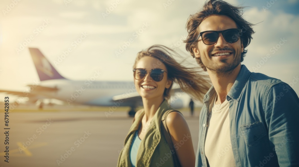 Caucasian couple on runway with airplane in background