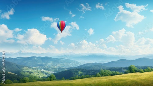 A balloon soaring in a blue sky with clouds, beneath it are picturesque mountains and foothills covered with green vegetation.