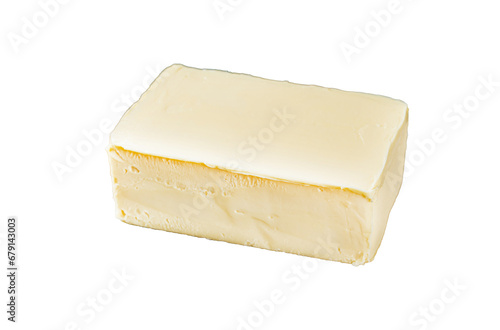 Butter block in steel kitchen tray.  Transparent background. Isolated.