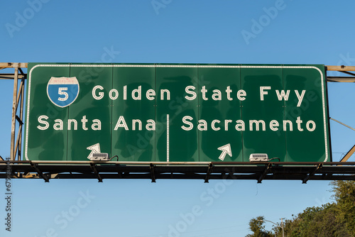 View of Interstate 5 Golden State Freeway sign to Santa Ana or Sacramento in Los Angeles California.