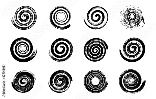 Grunge spirals. Swirl twirl abstract simple rotating spiral, black ink brush circles, hypnotic elements, twisted movement transition effect. Isolated vector set