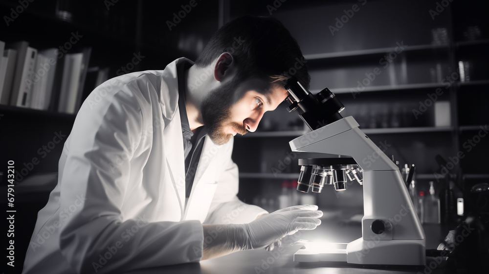 Male scientist in lab coat working with microscope