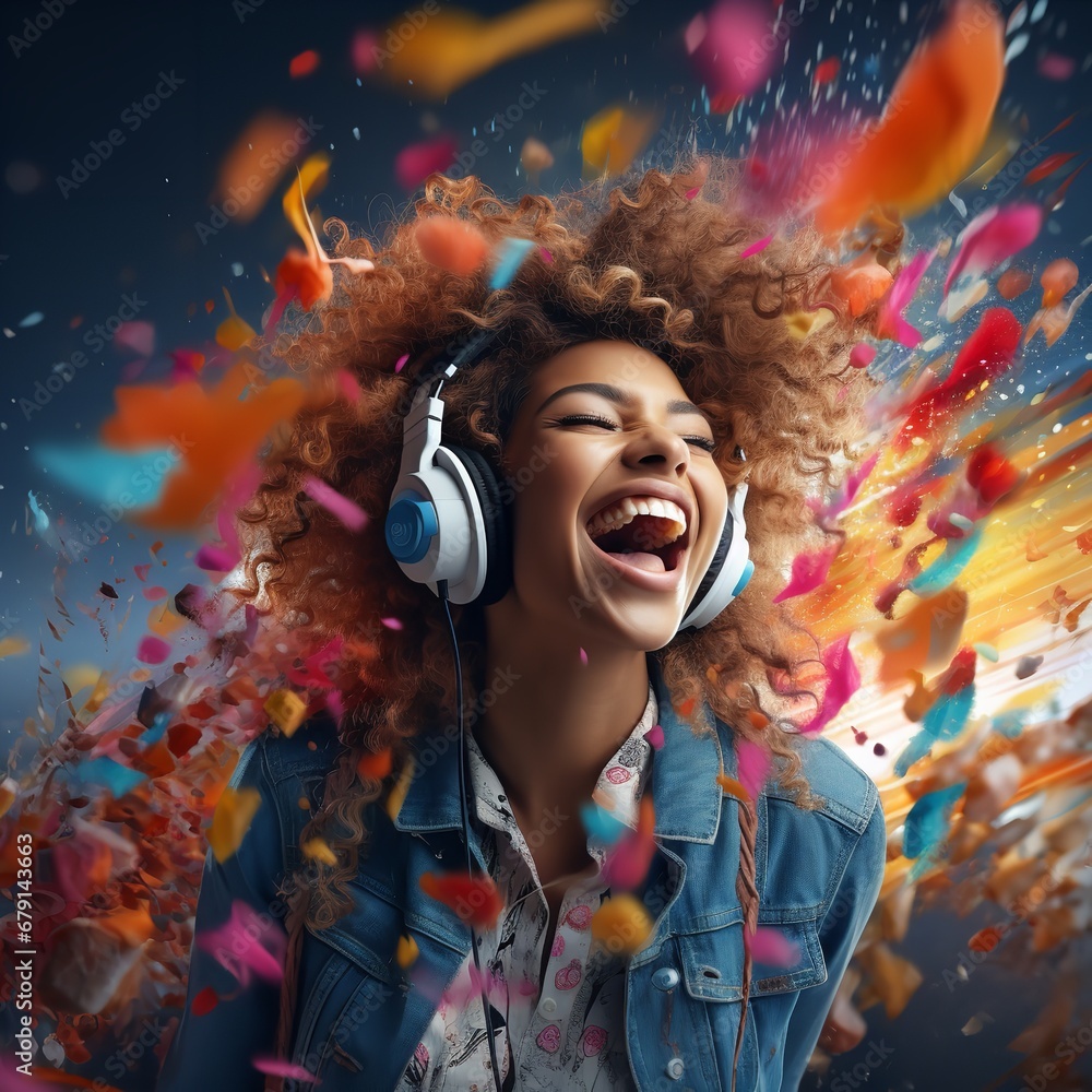 Young woman laughing and listening to music through headphones. Generative Ai.