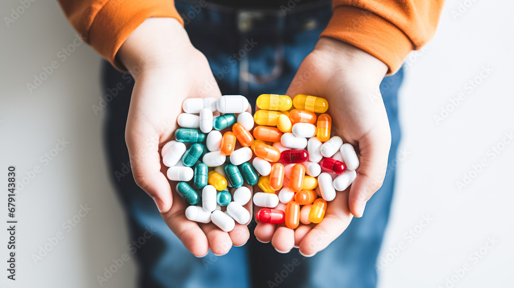 Obraz premium A woman holds in her hands bunch of Tablets, medical pills. Health and medicine, prevention and treatment of diseases