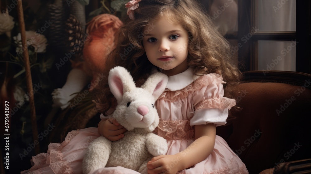 Precious girl with long hair in light dress hugs stuffed bunny in chair. Precious girl with long hair in light dress hugs stuffed bunny in chair.