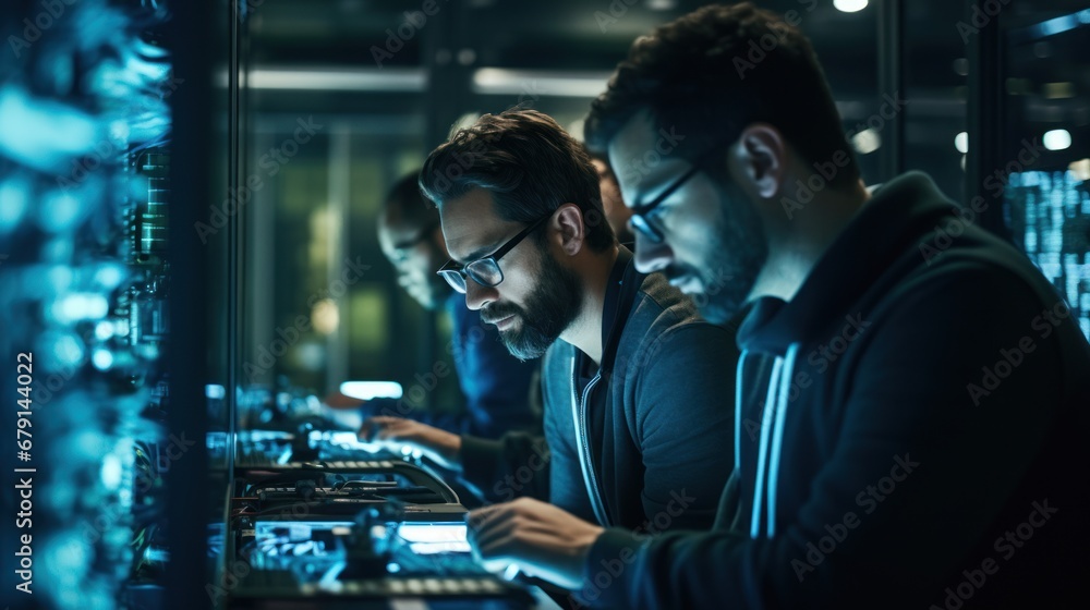 A group of engineers in a technologically advanced data center work on laptops.