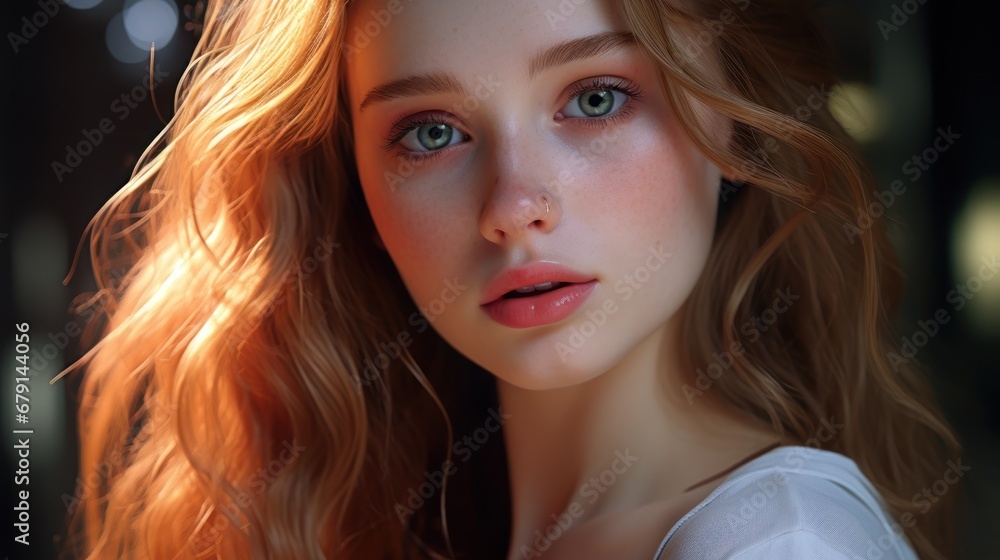 Fototapeta premium Mesmerizing portrait of red-haired girl with freckles and fair skin, mysterious smile.