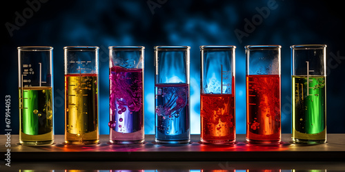 Laboratory equipment, bottles, flasks with color liquid on blue background stock, Laboratory glass with rainbow color liquids, chemistry still life, GENERATIVE AI