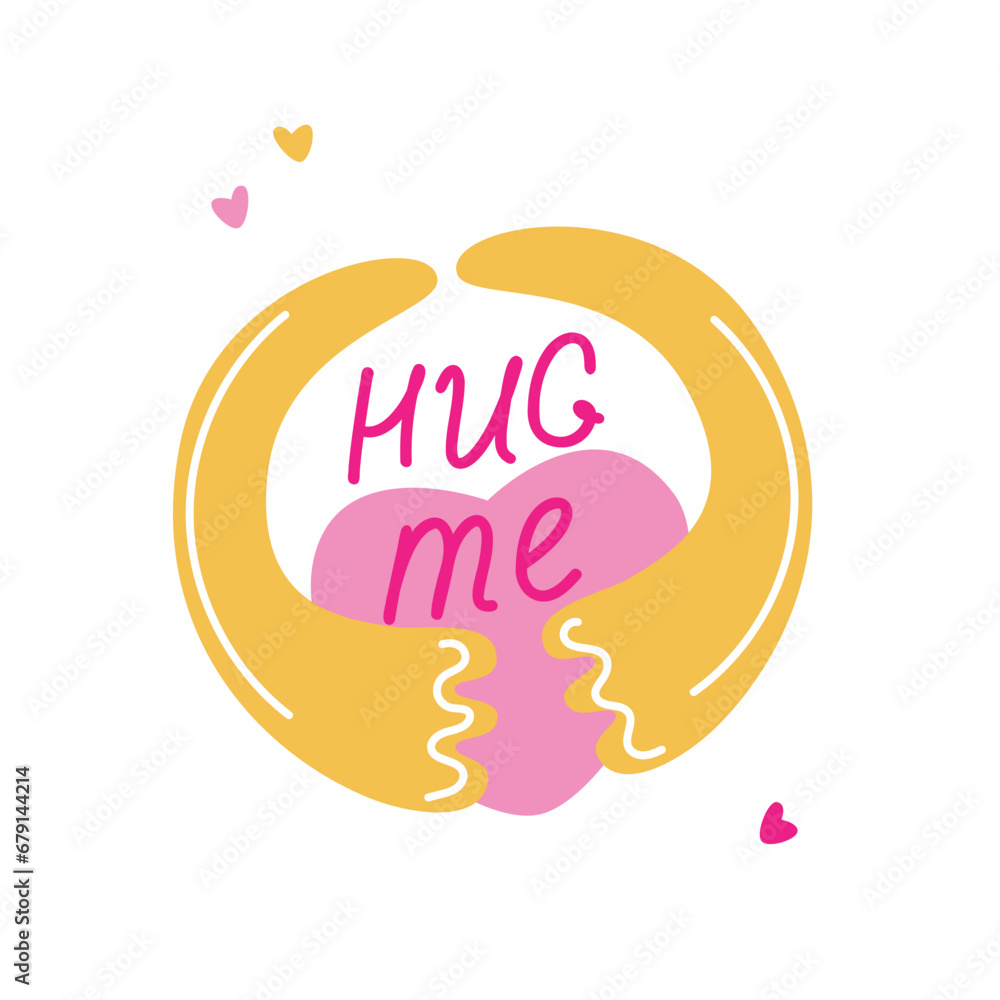 Groovy love stickers Hug me love lettering in trendy pink and yellow clolors. Happy Valentine's day vector illustration Groovy love stickers Hug me love lettering in trendy pink and yellow clolors. Happy Valentine's day vector illustration