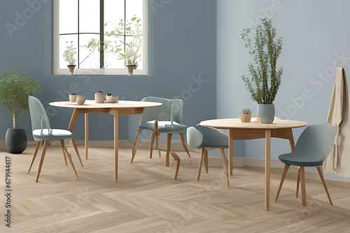 Modern Clean Contemporary Nile Blue Kitchen  Minimalist Interior Design  Wooden Dining Table