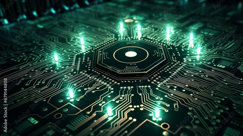 The intricate design of a circuit board with a central microchip.