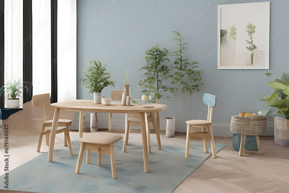 Modern Clean Contemporary Nile Blue Kitchen, Minimalist Interior Design, Wooden Dining Table