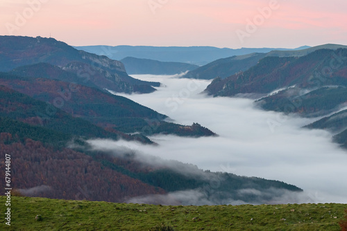 Belagua Valley, Navarrese Pyrenees. Beautiful sunrise with fog