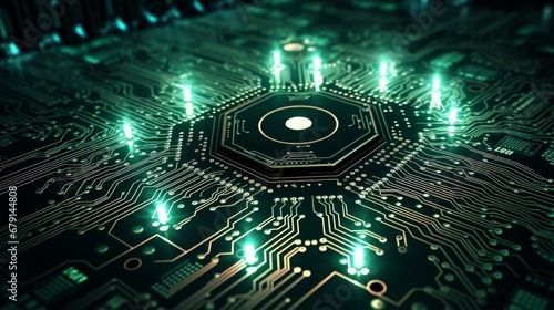 The intricate design of a circuit board with a central microchip.