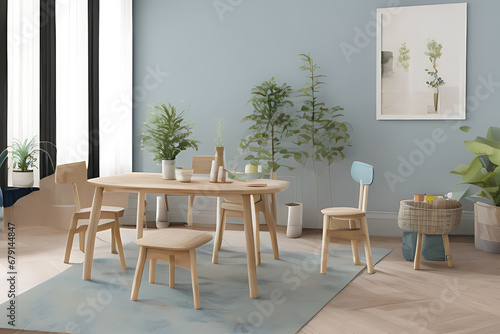 Modern Clean Contemporary Nile Blue Kitchen  Minimalist Interior Design  Wooden Dining Table