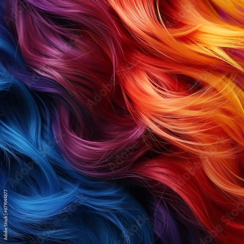 Studio image of rainbow hair strands up close. Generative Ai.