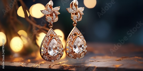 Exquisite outdoor bokeh-effect earrings set with priceless stones. Generative Ai.