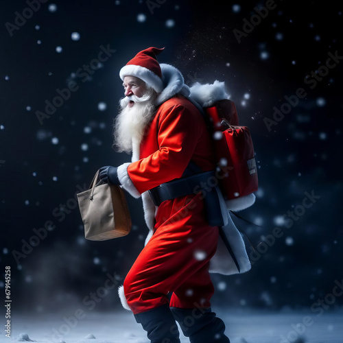 Santa Claus wading through snowdrifts with a sack of presents at night, it's snowing.
