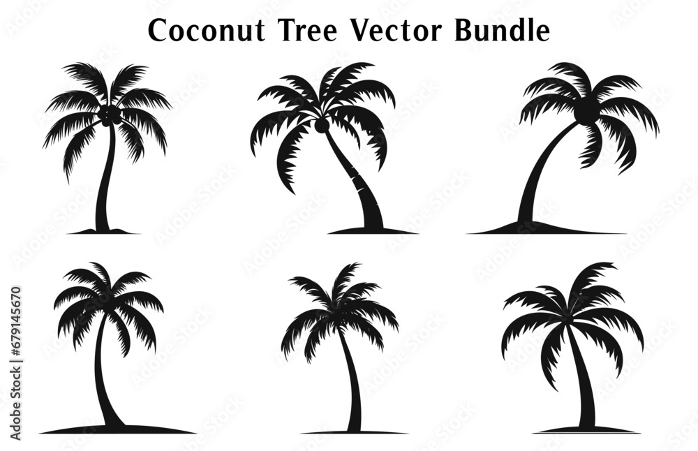 Coconut trees Silhouette Vector set isolated on white background, Coconut tree silhouettes Bundle