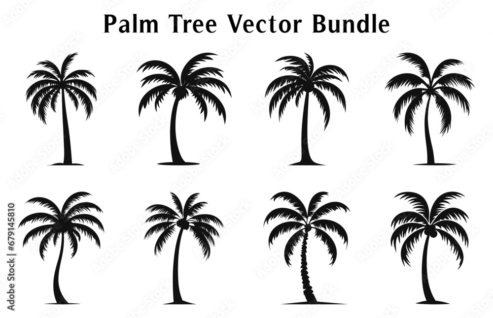 Fototapeta premium Palm trees vector silhouettes set isolated on a white background, Tropical palm trees Bundle