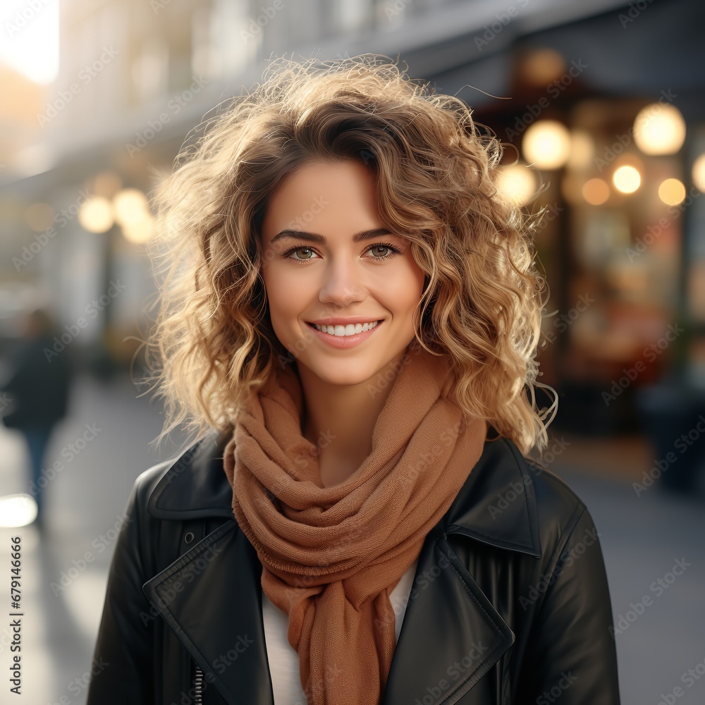 A gorgeous woman smiling at the outside. Generative Ai.