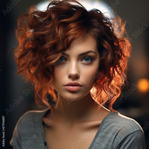 Gorgeous brown haired woman in a chic short haircut. Generative Ai.