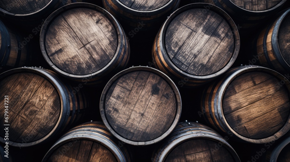 Old wooden oak barrels for whiskey