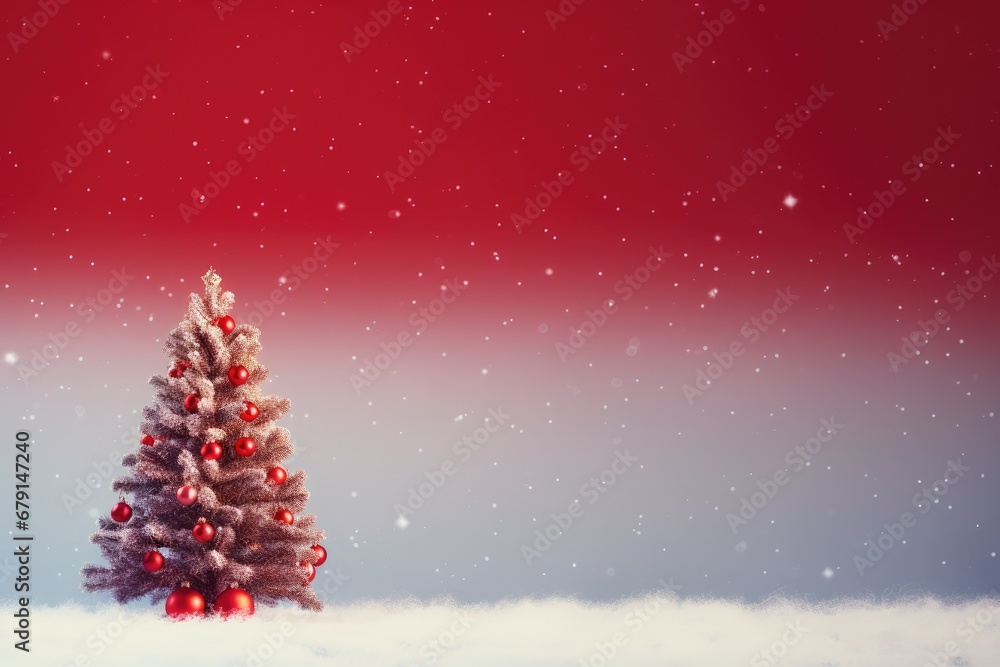 Christmas background with red balls, christmas tree branches and snowflakes. Holiday concept for banner, greeting card, invitation.