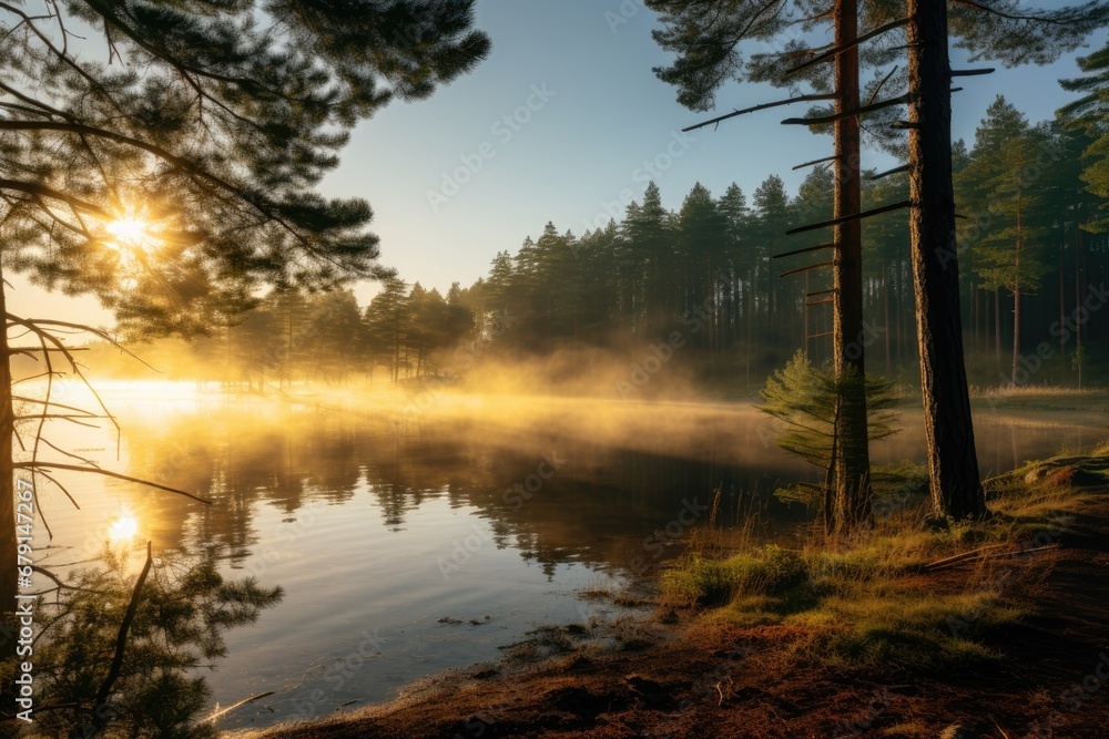 Pine forest and lake at sunrise. The nature of Scandinavia