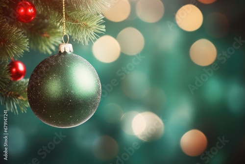 Christmas background with green balls, christmas tree branches and snowflakes. Holiday concept for banner, greeting card, invitation.