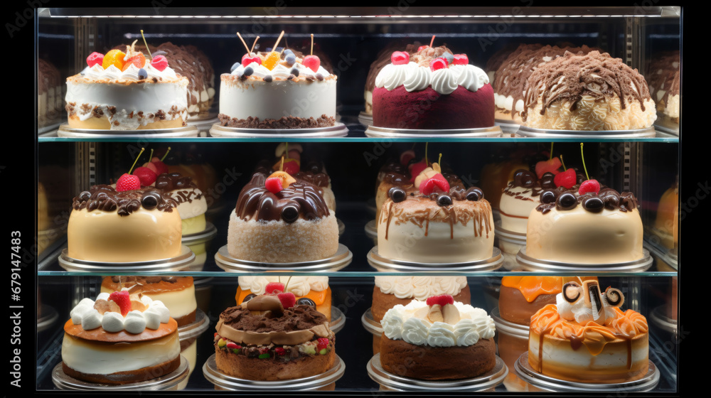 A display case filled with a variety of delicious cakes