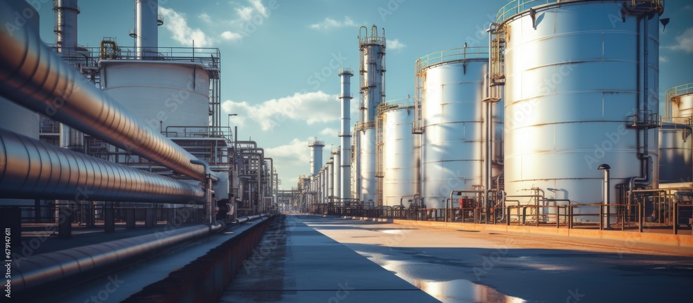 Fototapeta premium Industrial view featuring oil refining equipment in the refinery area Copy space image Place for adding text or design