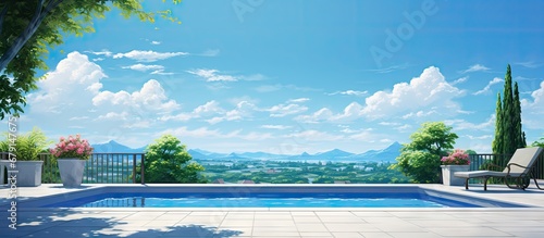 Gorgeous home with veranda view of pool on a sunny day Copy space image Place for adding text or design © Ilgun