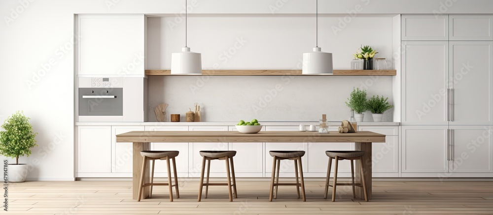 Kitchen with white island table chairs Copy space image Place for adding text or design - obrazy, fototapety, plakaty 