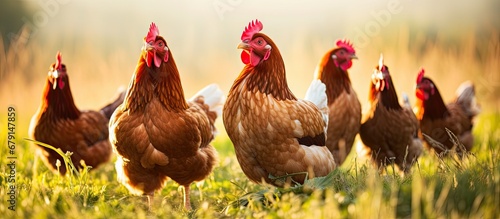 Hens grazing on grass in a free range organic farm Copy space image Place for adding text or design