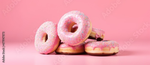 Healthy lifestyle concept with dumbbell donuts and pink background Copy space image Place for adding text or design