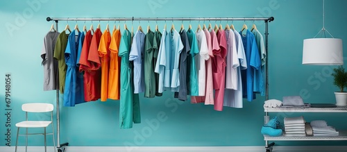 Hospital uniform for patients hanging on clothes rack used for hygiene purposes Copy space image Place for adding text or design