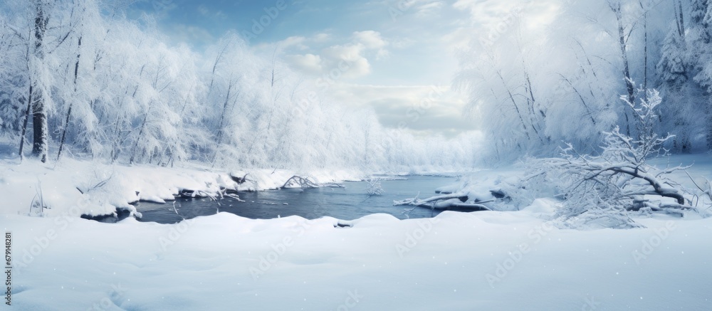 Frozen river in winter forest scenery Copy space image Place for adding text or design