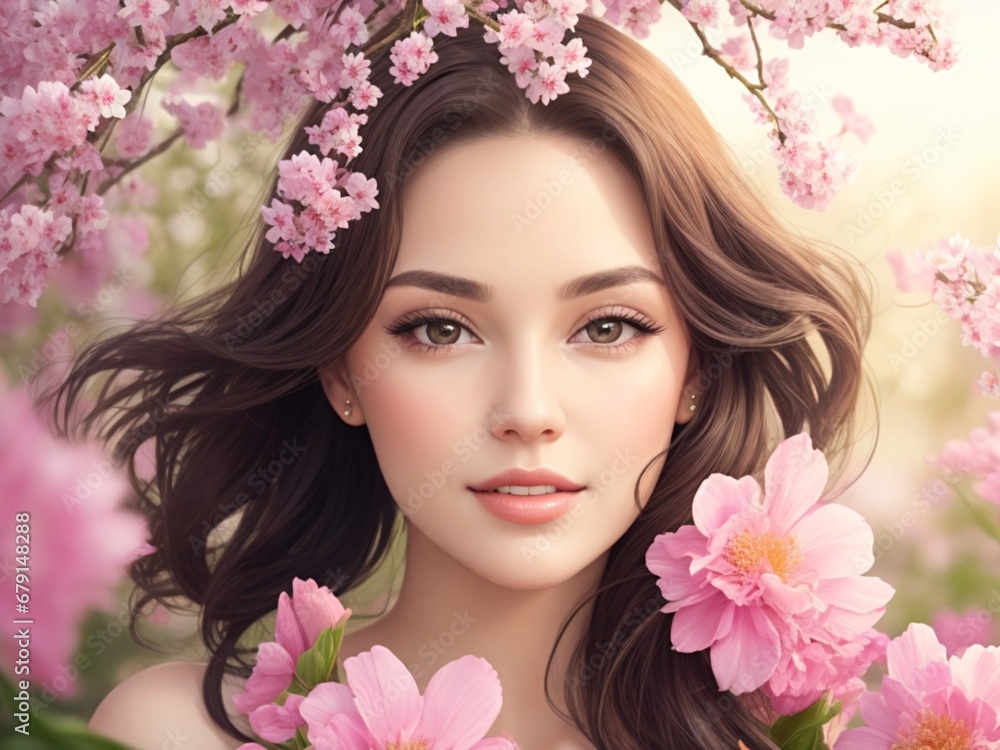 Beautiful young woman portrait with spring blooming pink flowers
