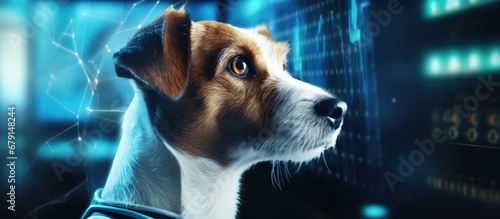 Jack Russell Terrier observes virtual medical brain research menu Copy space image Place for adding text or design