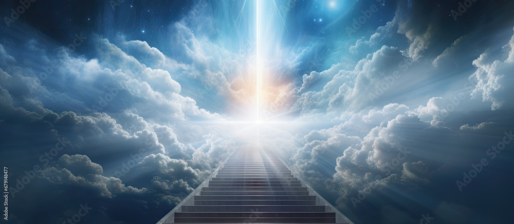 Heavenly staircase artwork glowing upward Copy space image Place for adding text or design - obrazy, fototapety, plakaty 