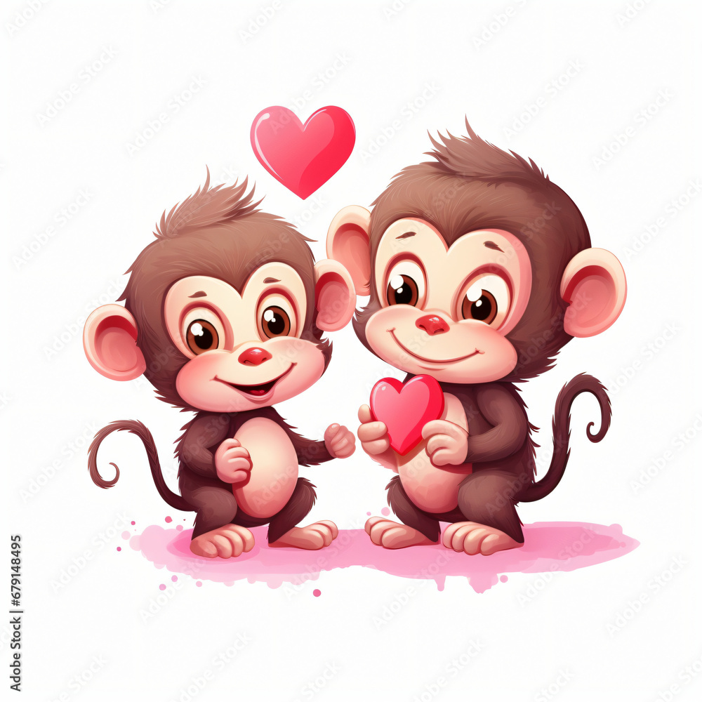 Monkey in love with heart couple animals with heart