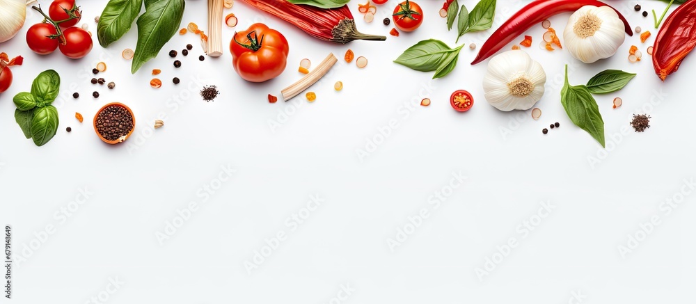 Ingredients Tomato basil spices chili pepper onion garlic Vegan dish creative arrangement on white Fresh basil herb tomato pattern cooking idea from above Copy space image Place for adding text - obrazy, fototapety, plakaty 