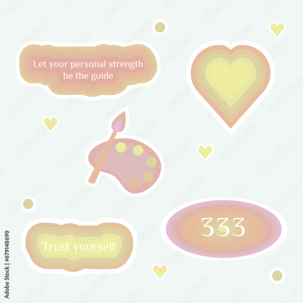 Numerology angel numbers 333 stickers. Set of illustrations for vision board of pain brush, heart and motivational quote Numerology angel numbers 333 stickers. Set of illustrations for vision board of pain brush, heart and motivational quote