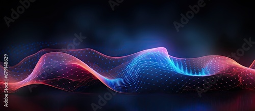 Futuristic 3D illustration with dynamic wave of glowing points and colored music wave Copy space image Place for adding text or design