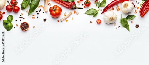 Ingredients Tomato basil spices chili pepper onion garlic Vegan dish creative arrangement on white Fresh basil herb tomato pattern cooking idea from above Copy space image Place for adding text