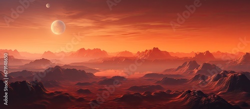 Futuristic 3D rendered landscape with mountains and a red orange planet in the sky Copy space image Place for adding text or design