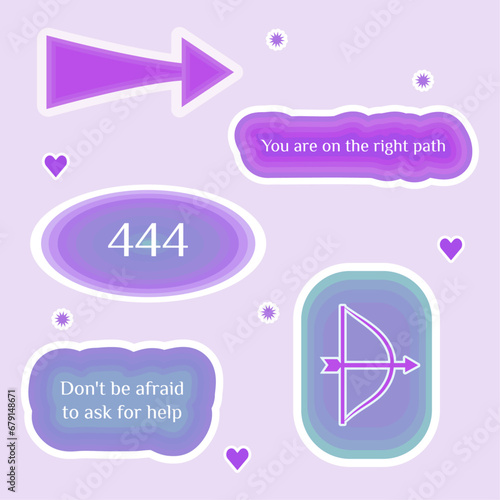 Numerology angel numbers 444 stickers. Set of illustrations for vision board of arrow and motivational quote